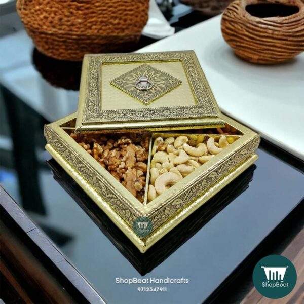ShopBeat Golden Single Flower Window Wooden Dry fruit Box 8x8 inch