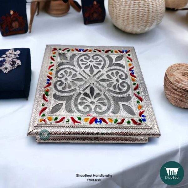 ShopBeat Meenakari Transparent Acrylic Silver Oxidised Dry fruit Box 8x8 inch