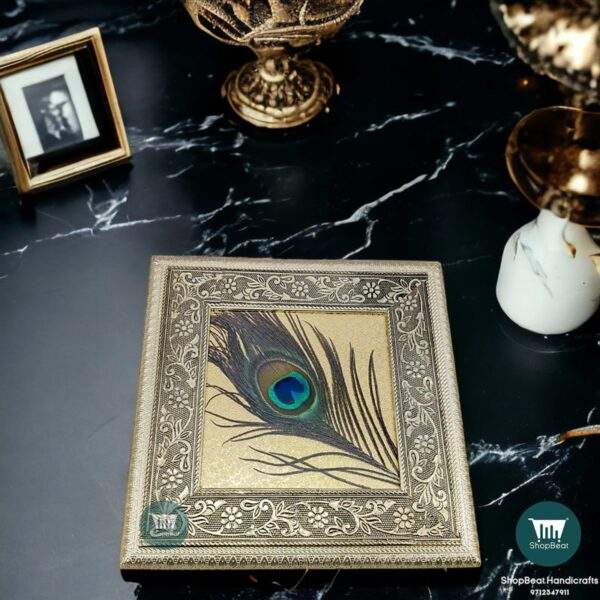 ShopBeat Silver (German) Oxidised Peacock Feather Wooden Dry Fruit Box 8x8 Inch