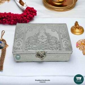 ShopBeat Silver Oxidised Velvet Wooden Pooja Box Small Jewellery Box 4x6 Inches