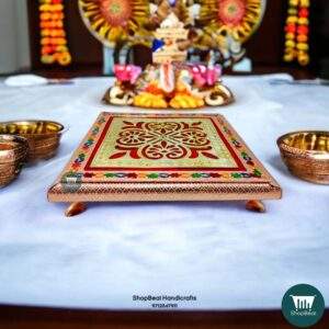 ShopBeat Copper Oxidised Delux Velvet Metal Leg Wooden Pooja Chowki 10x10