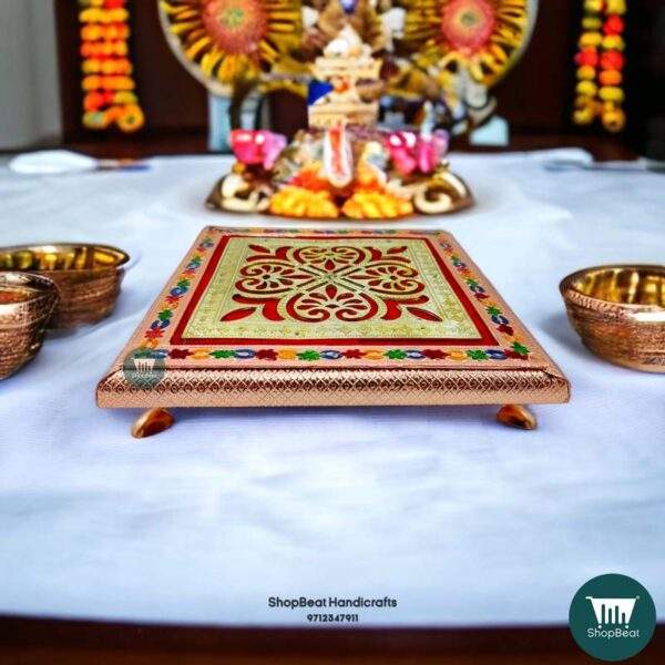 ShopBeat Copper Oxidised Delux Velvet Metal Leg Wooden Pooja Chowki 10x10
