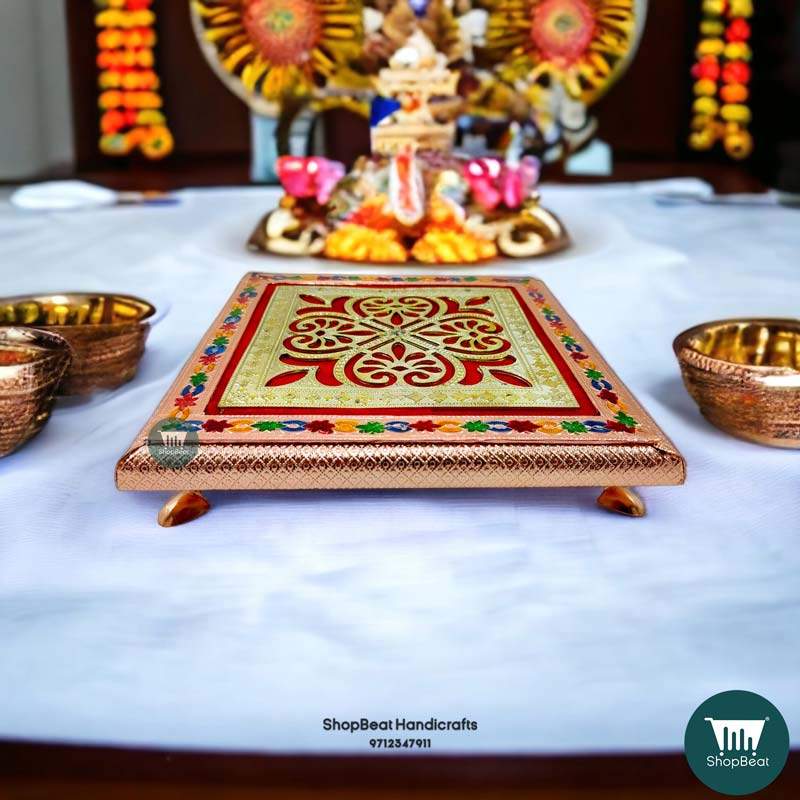 ShopBeat Copper Oxidised Delux Velvet Metal Leg Wooden Pooja Chowki 10x10