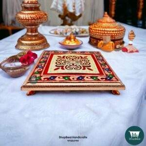 ShopBeat Copper Oxidised Delux Velvet Metal Leg Wooden Pooja Chowki 12x12