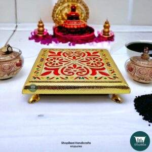 ShopBeat Copper Oxidised Delux Velvet Metal Leg Wooden Pooja Chowki 8x8