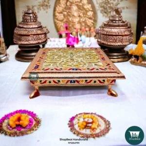 \ShopBeat Copper Oxidised Meenakari Antique Wooden Pooja Chowki 8x8 inch