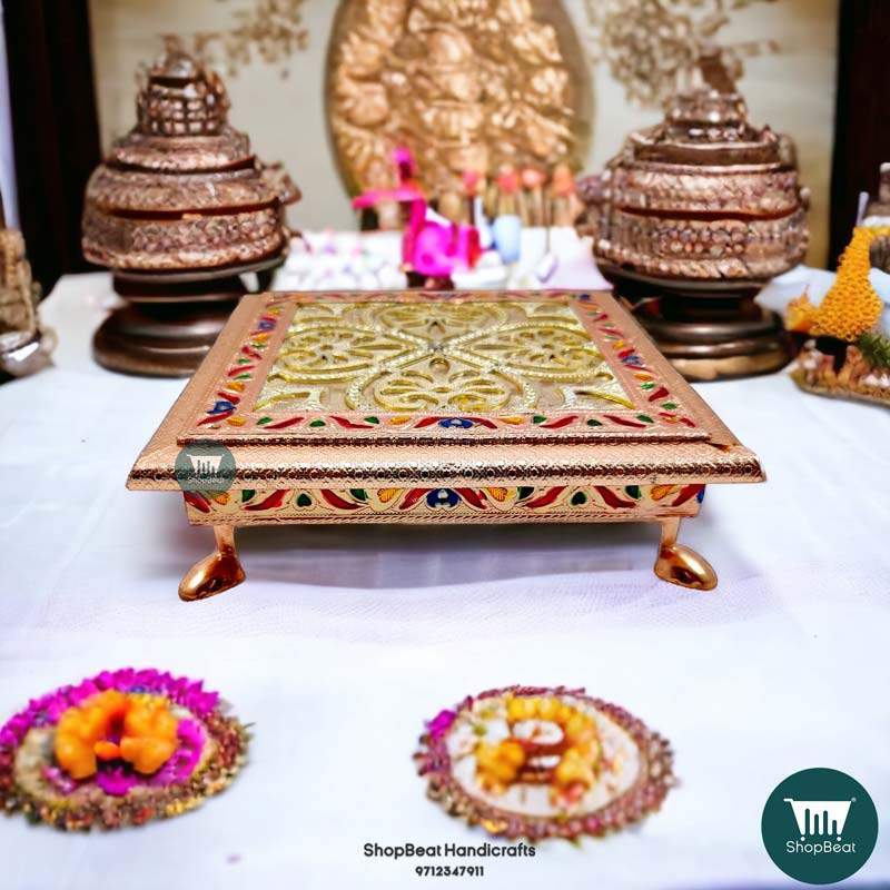 \ShopBeat Copper Oxidised Meenakari Antique Wooden Pooja Chowki 8x8 inch