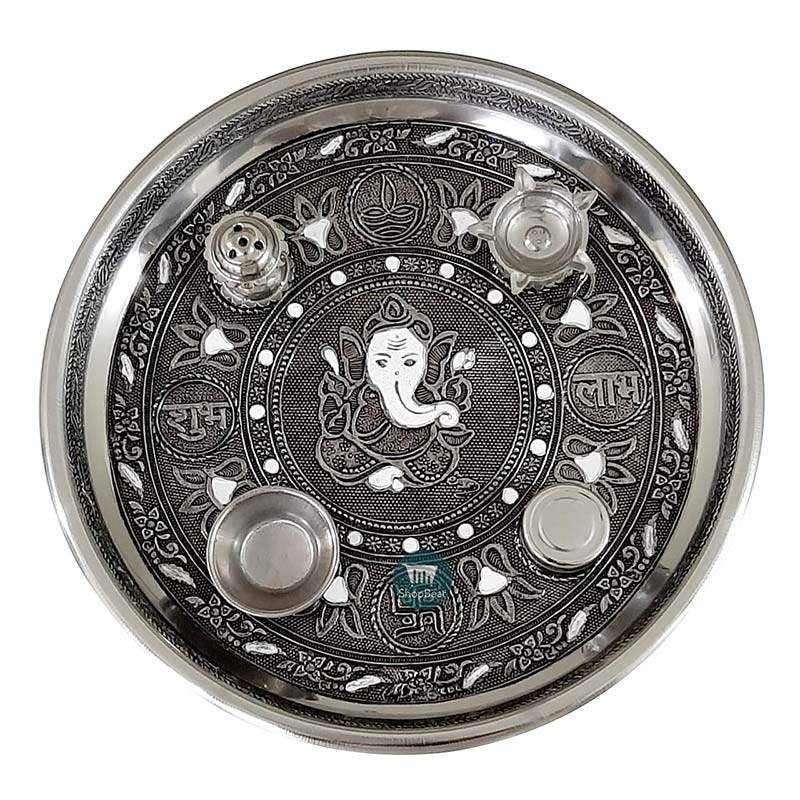 ShopBeat German Oxidised Ganesha Stainless Steel Pooja Thali 11 inch