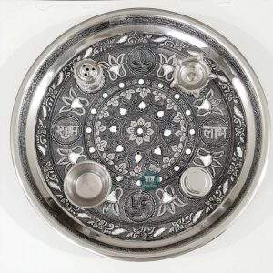 ShopBeat German Oxidised Labh Shubh Stainless Steel Pooja Thali 11 inch