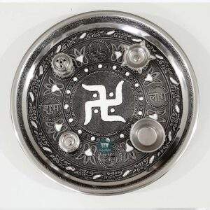ShopBeat German Oxidised Swastik Stainless Steel Pooja Thali 11 inch