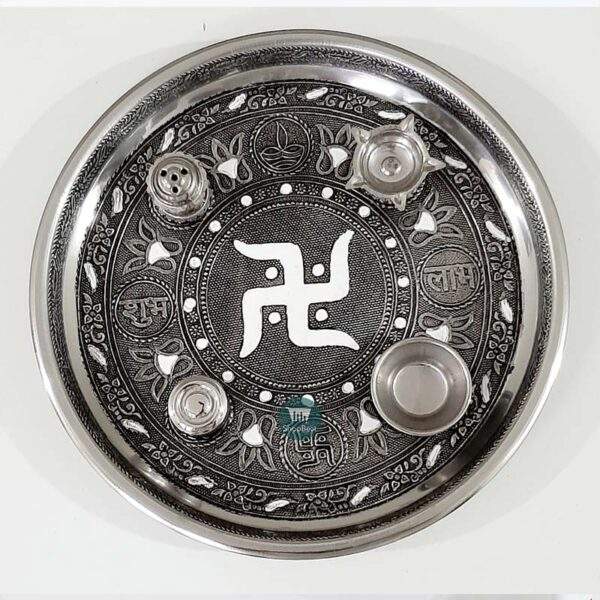 ShopBeat German Oxidised Swastik Stainless Steel Pooja Thali 11 inch