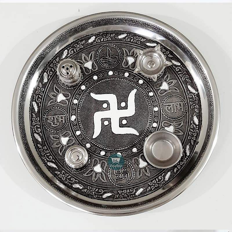 ShopBeat German Oxidised Swastik Stainless Steel Pooja Thali 11 inch