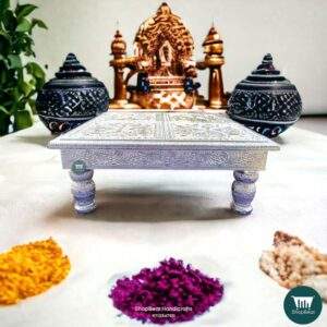 ShopBeat German(Silver) Oxidised Antique Wooden Pooja Chowki 15x15 inch