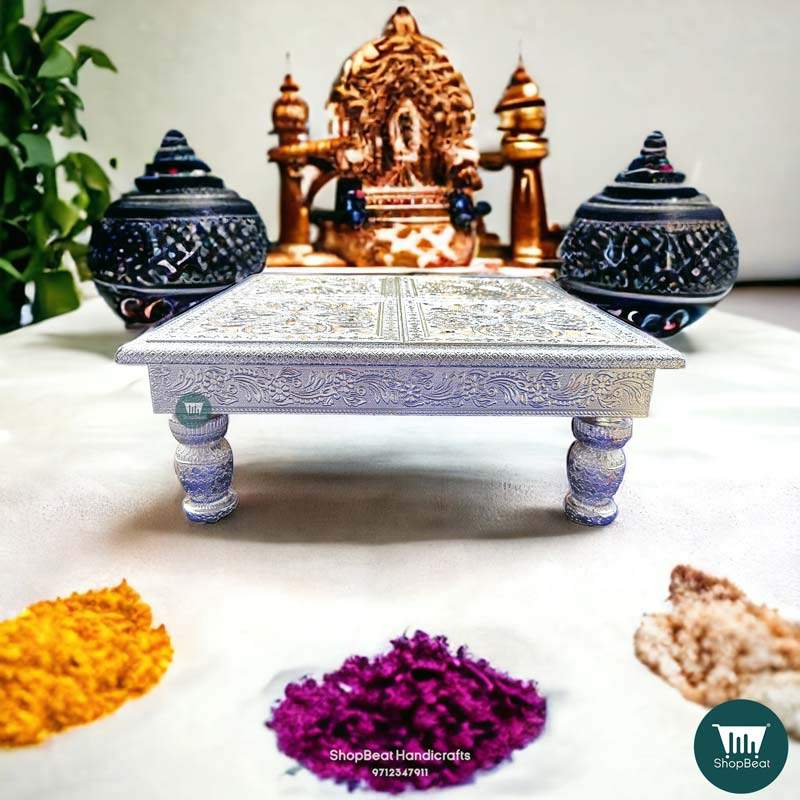 ShopBeat German(Silver) Oxidised Antique Wooden Pooja Chowki 15x15 inch