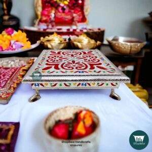 ShopBeat German(Silver) Oxidised Meenakari Antique Wooden Pooja Chowki 8x8 inch