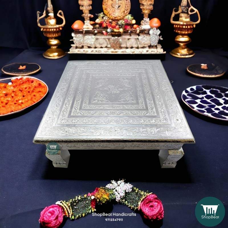 ShopBeat German(Silver) Oxidised Wooden Pooja Chowki 15x15 inch