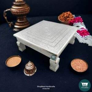 ShopBeat German(Silver) Oxidised Wooden Pooja Chowki 15x15 inch