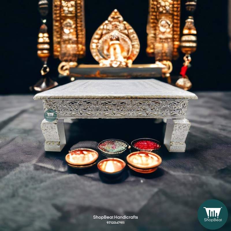 ShopBeat German(Silver) Oxidised Wooden Pooja Chowki 15x15 inch