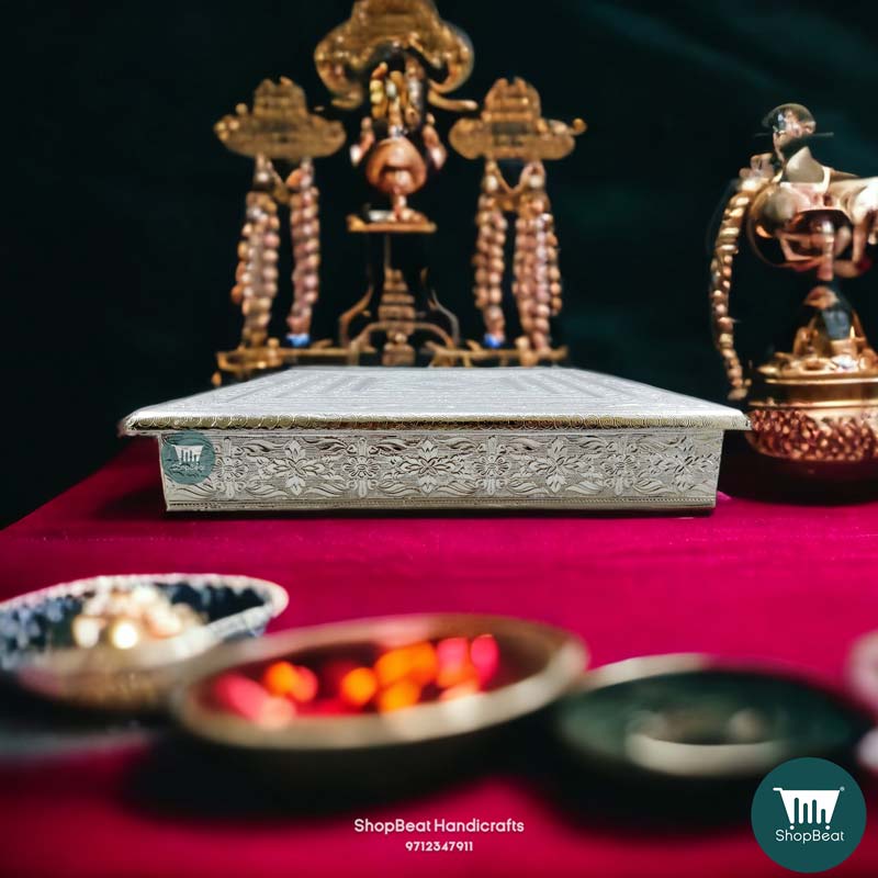 ShopBeat German(Silver) Oxidised Wooden Pooja Chowki 15x15 inch