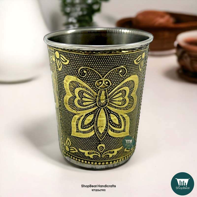 ShopBeat Golden Oxidised Butterfly Stainless Steel Water Glass