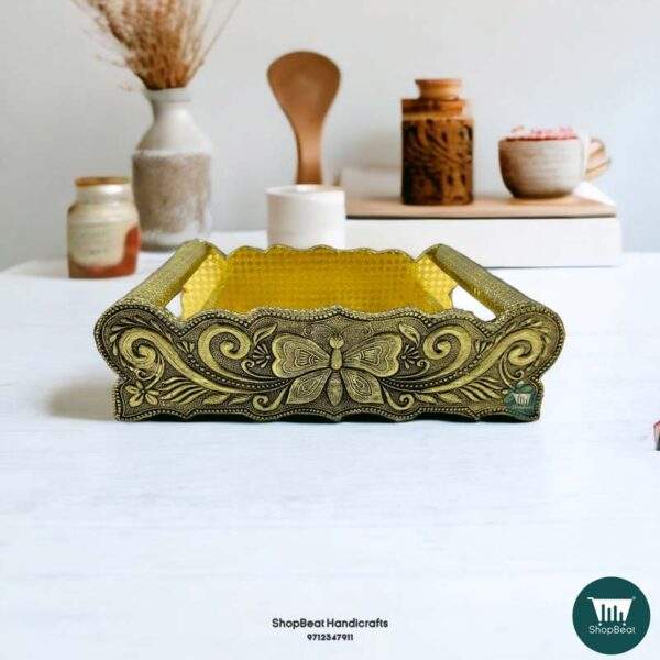 ShopBeat Golden Oxidised Butterfly Wooden Serving Tray