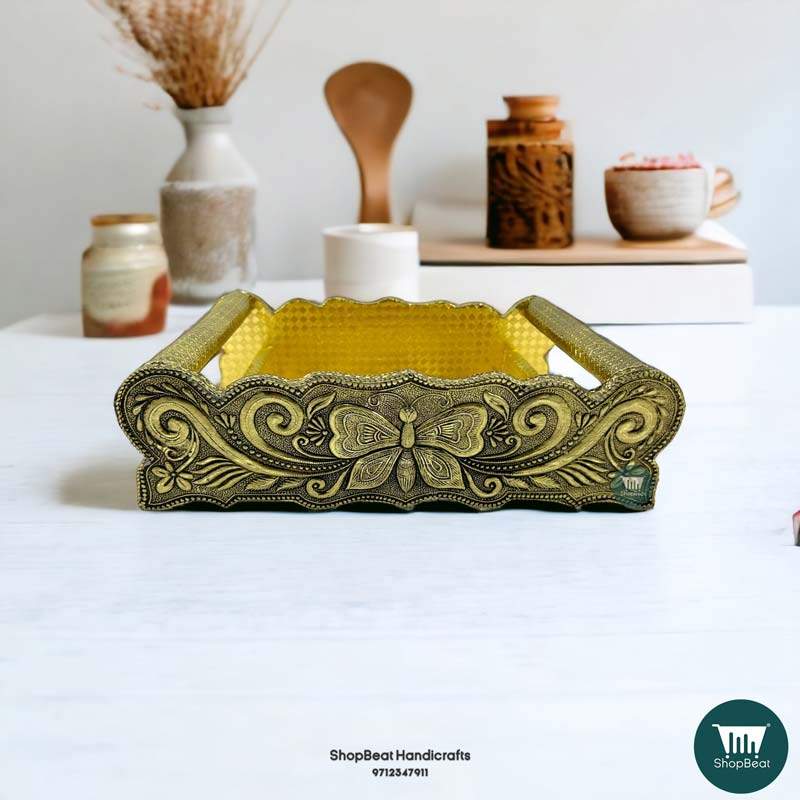 ShopBeat Golden Oxidised Butterfly Wooden Serving Tray