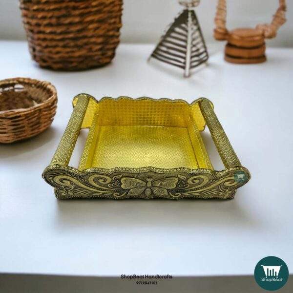 ShopBeat Golden Oxidised Butterfly Wooden Serving Tray