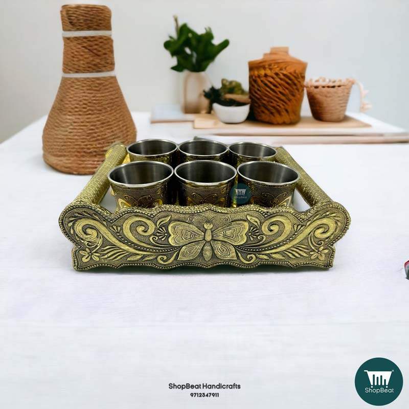 ShopBeat Golden Oxidised Butterfly Wooden Serving Tray With 6 Stainless Steel Water Glass Set