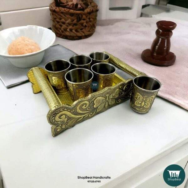 ShopBeat Golden Oxidised Butterfly Wooden Serving Tray With 6 Stainless Steel Water Glass Set