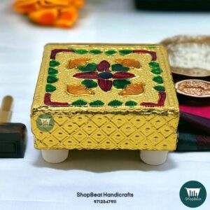 ShopBeat Golden Oxidised Flower Wooden Pooja Chowki 2x2 inches