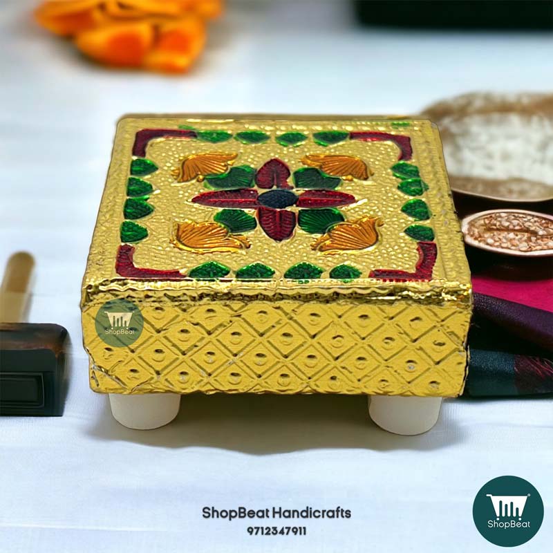ShopBeat Golden Oxidised Flower Wooden Pooja Chowki 2x2 inches