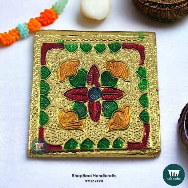 ShopBeat Golden Oxidised Flower Wooden Pooja Chowki 2x2 inches