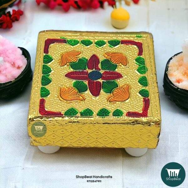ShopBeat Golden Oxidised Flower Wooden Pooja Chowki 2x2 inches