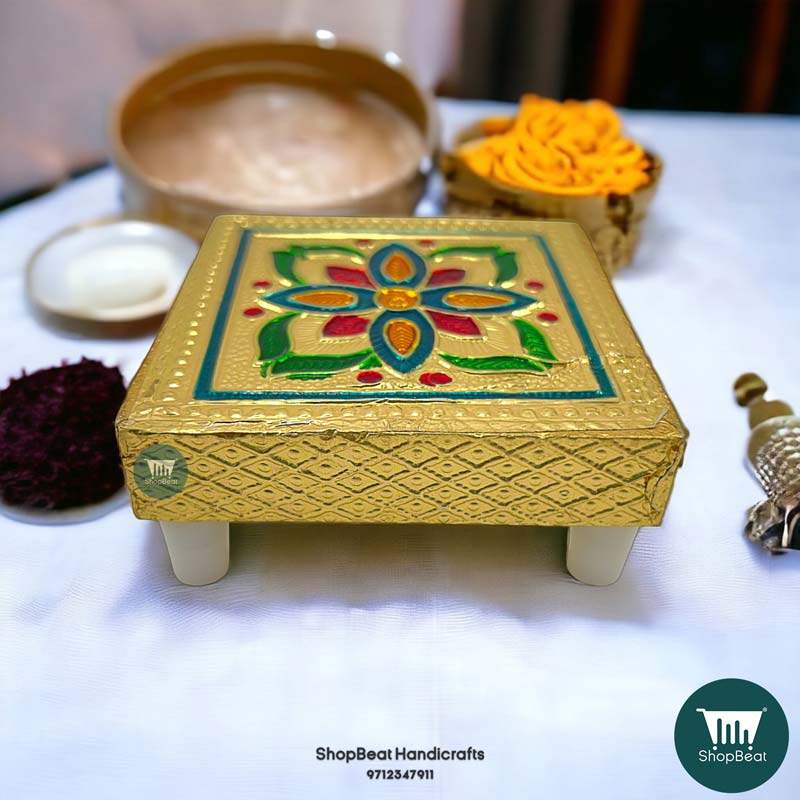 ShopBeat Golden Oxidised Flower Wooden Pooja Chowki 3x3 inches