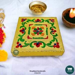 ShopBeat Golden Oxidised Flower Wooden Pooja Chowki 4x4 Inches