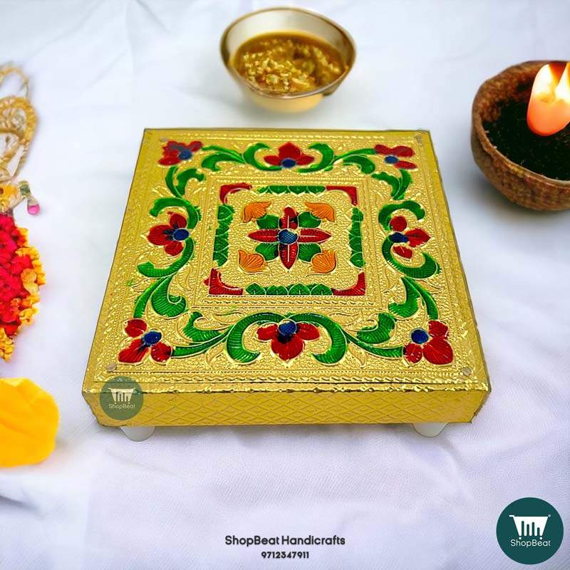 ShopBeat Golden Oxidised Flower Wooden Pooja Chowki 4x4 Inches
