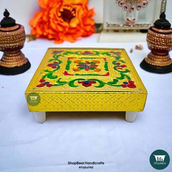 ShopBeat Golden Oxidised Flower Wooden Pooja Chowki 4x4 Inches