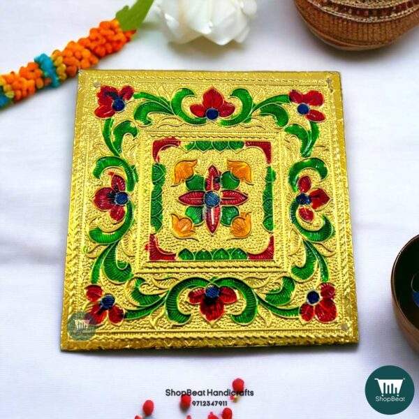 ShopBeat Golden Oxidised Flower Wooden Pooja Chowki 4x4 Inches