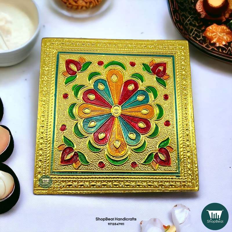 ShopBeat Golden Oxidised Flower Wooden Pooja Chowki 6x6 Inches