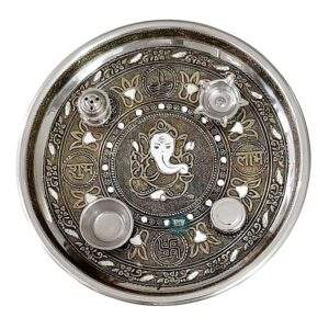 ShopBeat Golden Oxidised Ganesha Stainless Steel Pooja Thali 11 inch