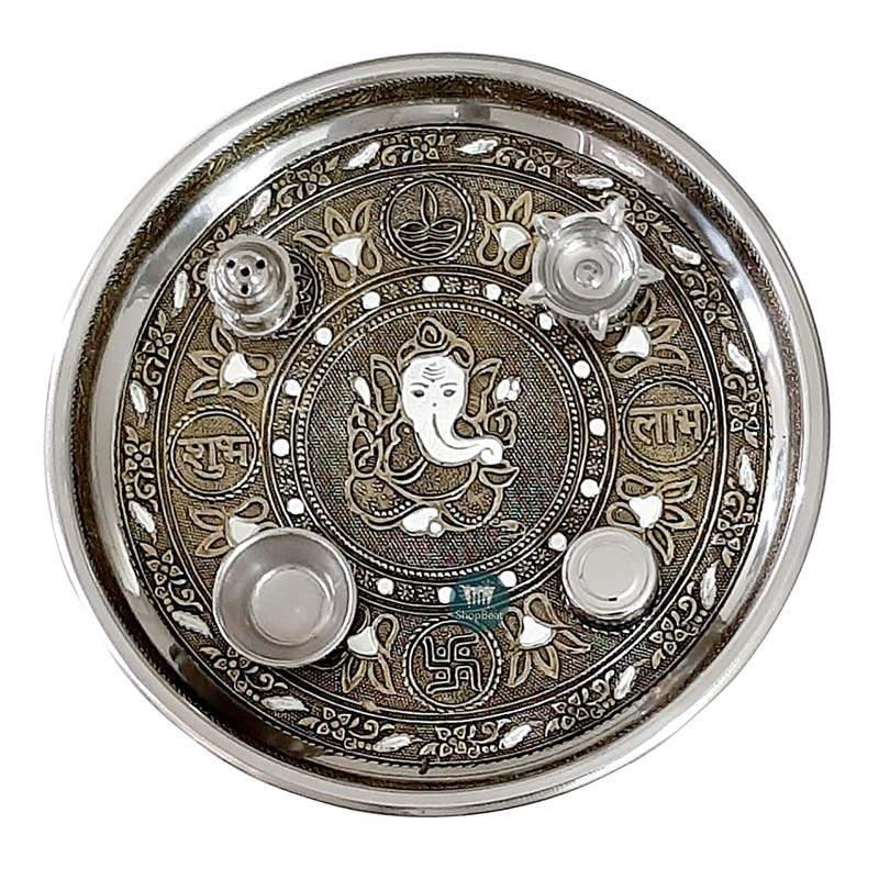ShopBeat Golden Oxidised Ganesha Stainless Steel Pooja Thali 11 inch
