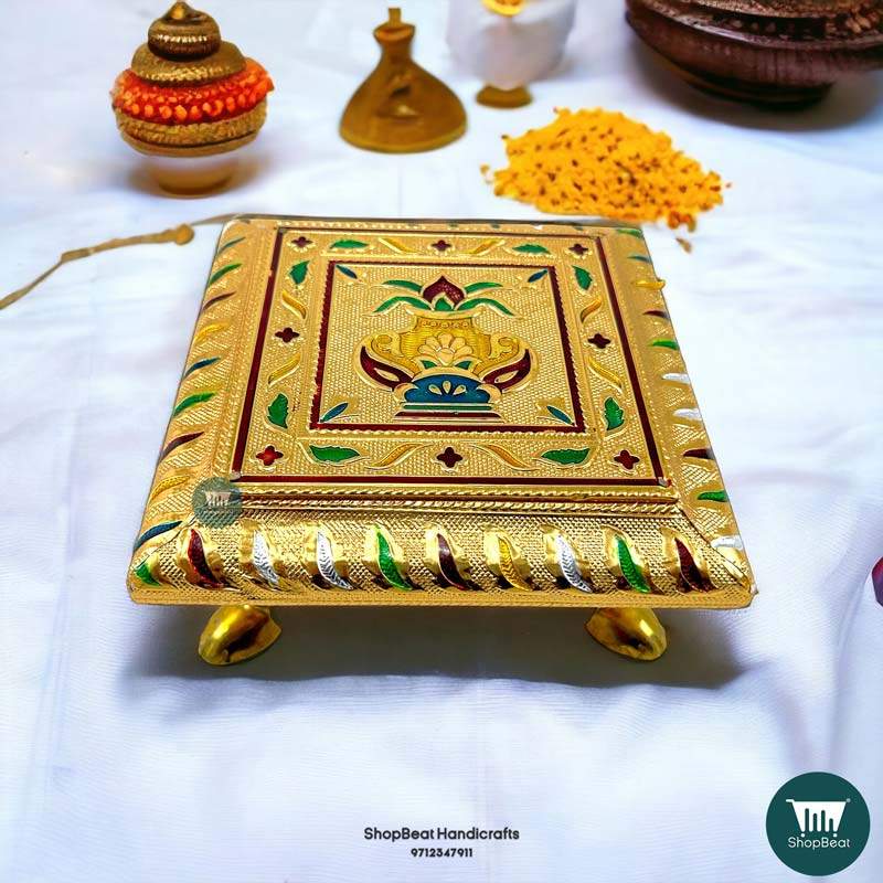 ShopBeat Golden Oxidised Kalash Meena Wooden Pooja Chowki 6x6 Inches