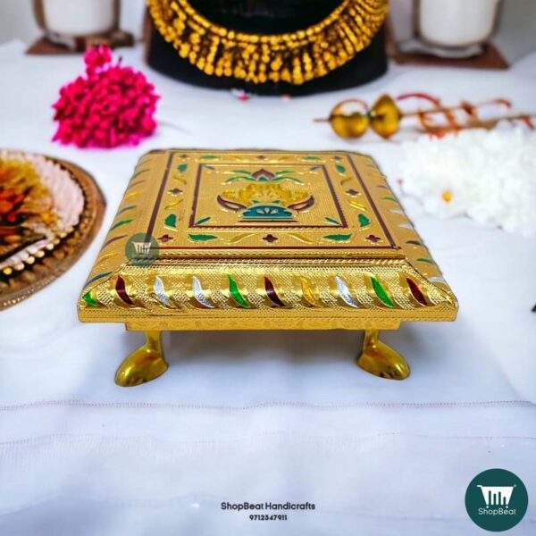 ShopBeat Golden Oxidised Kalash Meena Wooden Pooja Chowki 6x6 Inches
