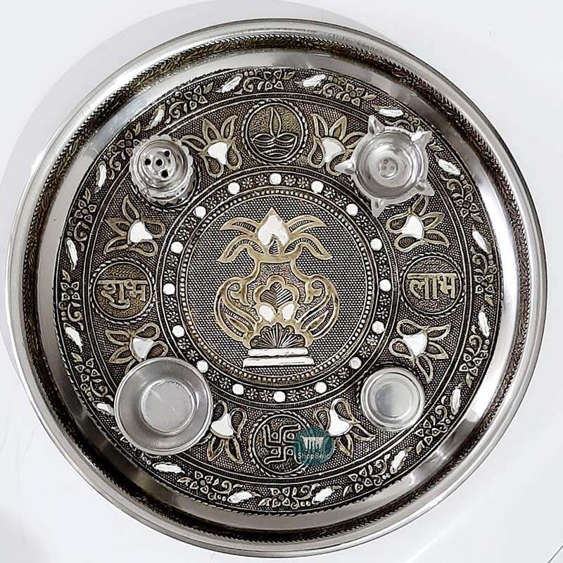 ShopBeat Golden Oxidised Kalash Stainless Steel Pooja Thali 11 inch