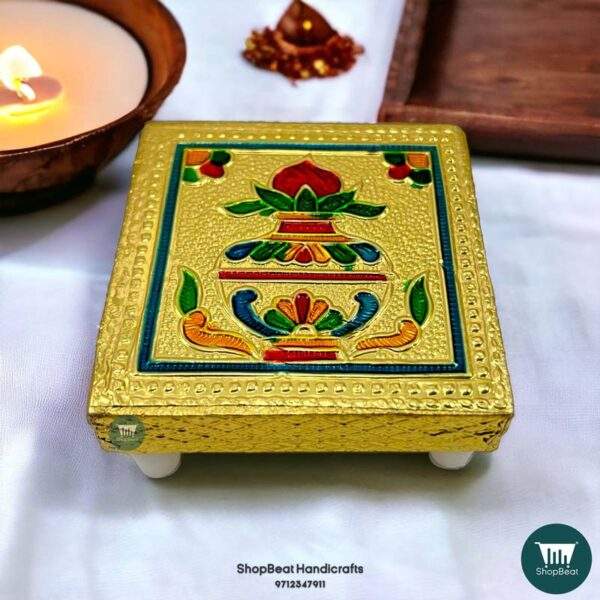 ShopBeat Golden Oxidised Kalash Wooden Pooja Chowki 3x3 inches