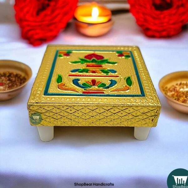 ShopBeat Golden Oxidised Kalash Wooden Pooja Chowki 3x3 inches