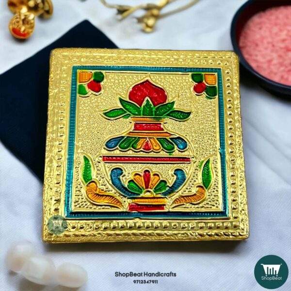 ShopBeat Golden Oxidised Kalash Wooden Pooja Chowki 3x3 inches