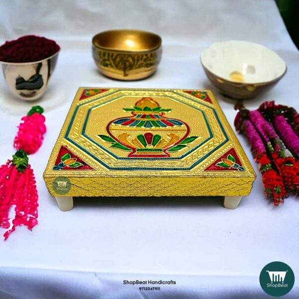ShopBeat Golden Oxidised Kalash Wooden Pooja Chowki 5x5 Inches