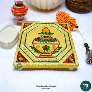 ShopBeat Golden Oxidised Kalash Wooden Pooja Chowki 5x5 Inches