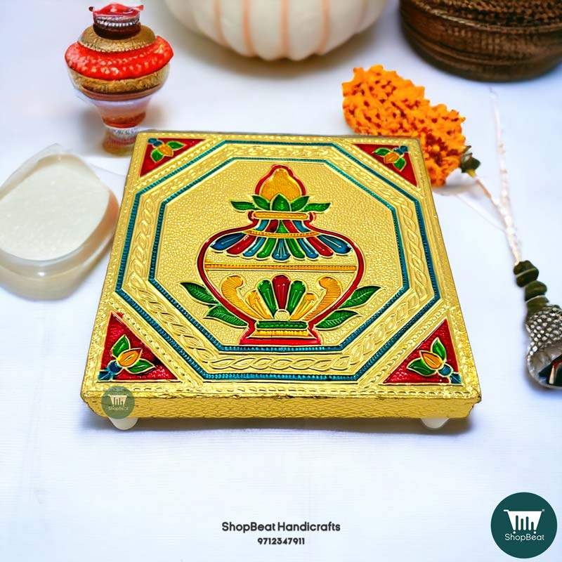 ShopBeat Golden Oxidised Kalash Wooden Pooja Chowki 5x5 Inches